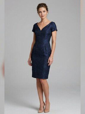 Kay Unger Adrianna Floral Jacquard V-Neck Sheath Dress Navy Size 10 As-Is